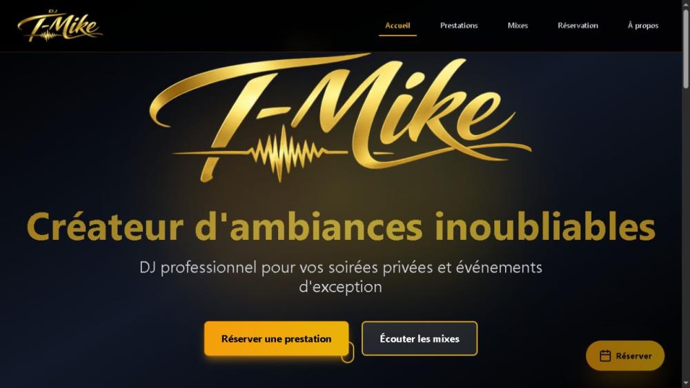 Capture du site DJ T-Mike, identité noire et dorée